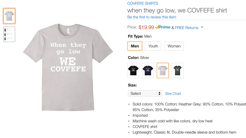 Illustration for article titled Be the Saddest Guy in the Office With Amazon's Embarrassing 'Covfefe' Swag